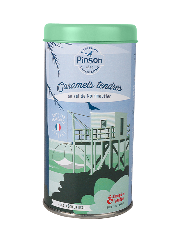 Boite fer turquoise les pêcheries caramels tendres