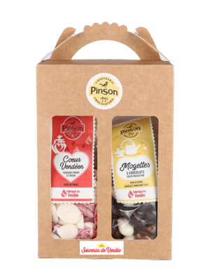 Mallette haute 2 produits : Coeur vendéen saveurs fraise et pêche et mogettes 3 chocolats