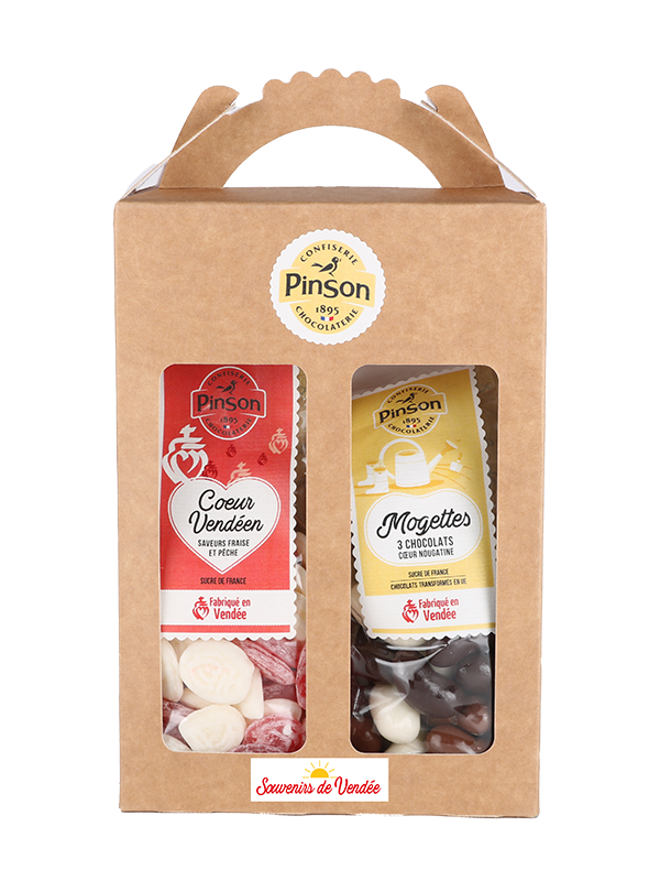 Mallette haute 2 produits : Coeur vendéen saveurs fraise et pêche et mogettes 3 chocolats