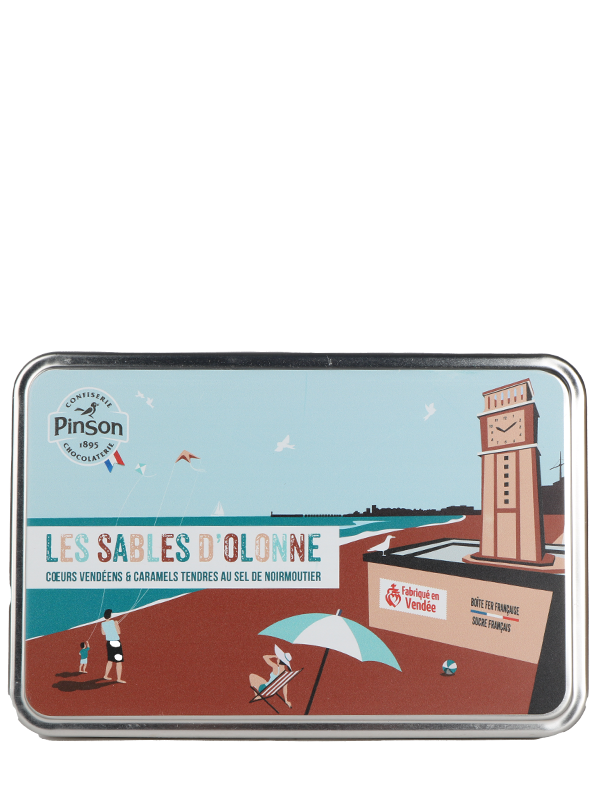 Boite fer souvenir des Sables d'Olonne : Cœur vendéen saveurs fraise et pêche et caramels tendres au sel de Noirmoutier
