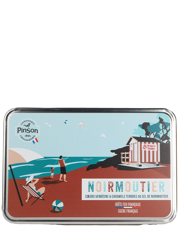Boite fer souvenir de Noirmoutier : Cœur vendéen saveurs fraise et pêche et caramels tendres au sel de Noirmoutier